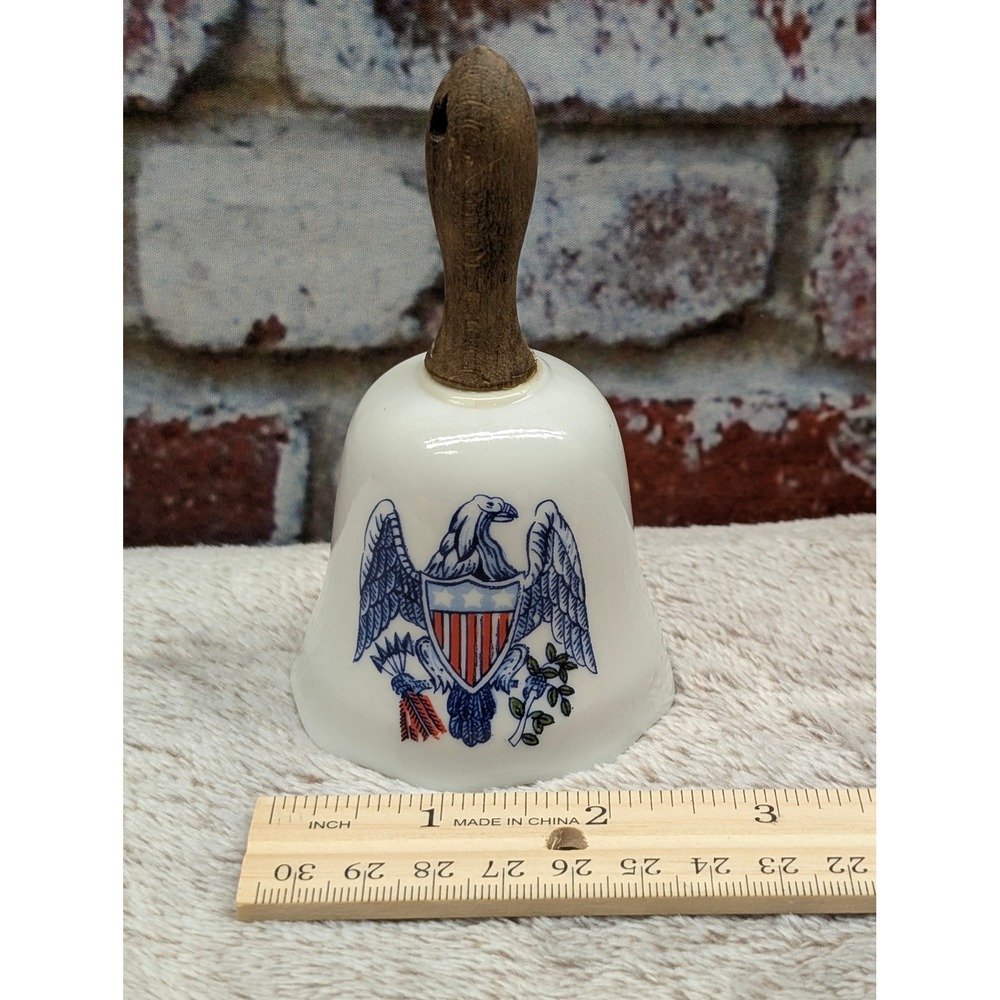 Vintage Enesco Japan Porcelain Eagle Bell with Wood Handle Patriotic Americana
